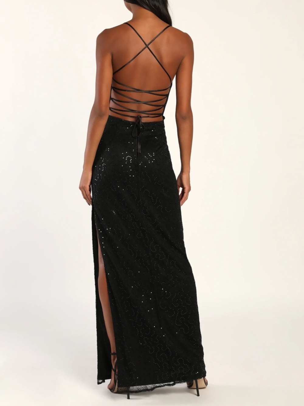 NEW WITH TAGS Midnight Stunner Black Sequin Cowl Neck Lace-Up Maxi Dress Lulus
